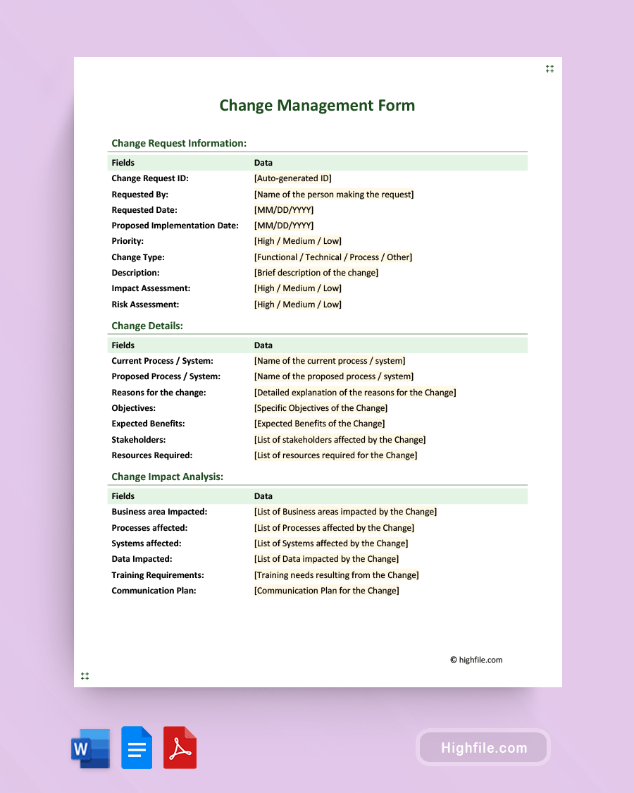 Change Management Form showcasing a colorful design and organized template.